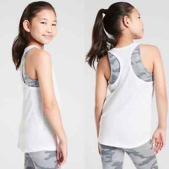 Athleta Girl XLarge 14 Tie Breaker Tank Top Camo Gray White Double Layer Active - Picture 14 of 14